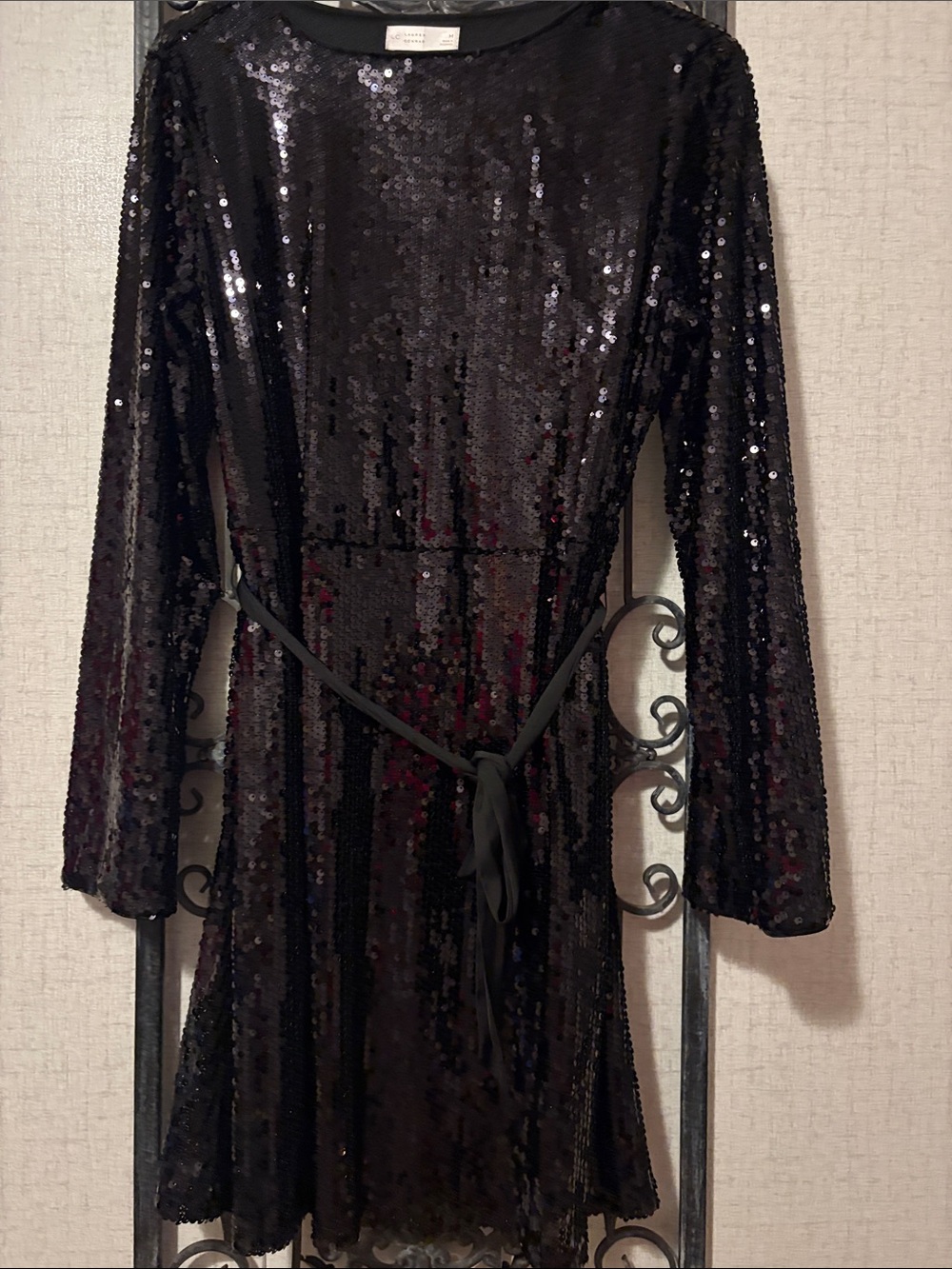 LC Lauren Conrad Black Sequin Long-Sleeve Belted Mini Dress